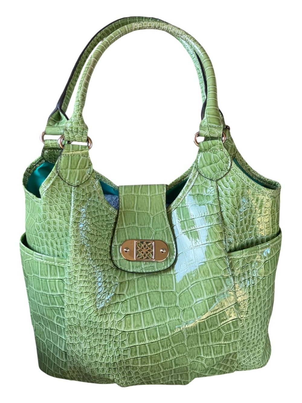 Vegan Mint Green Croc-Embossed Satchel Purse With A Polished Finished